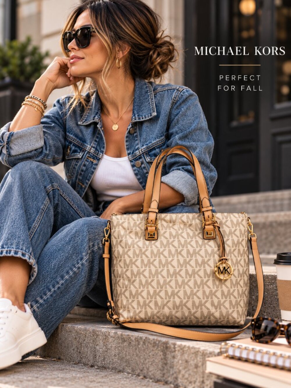 Michael Kors Large Vanilla Signature Logo Laptop Satchel Crossbody Bag
